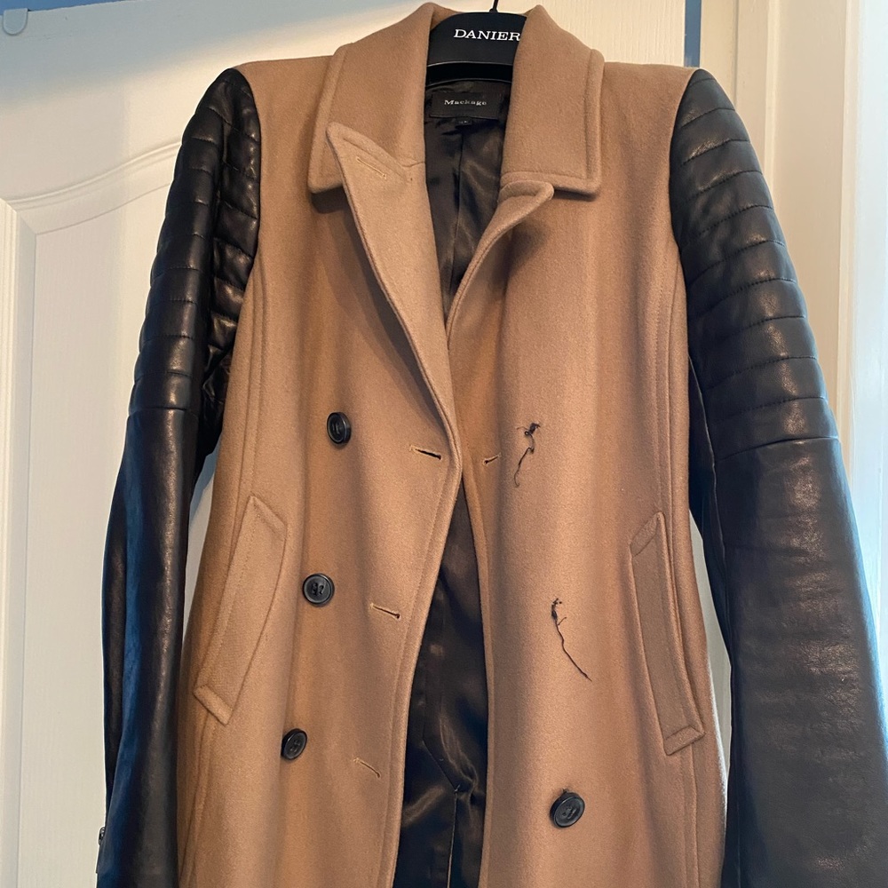 Mackage coat with leather sleeves in Camel color. Size XS.